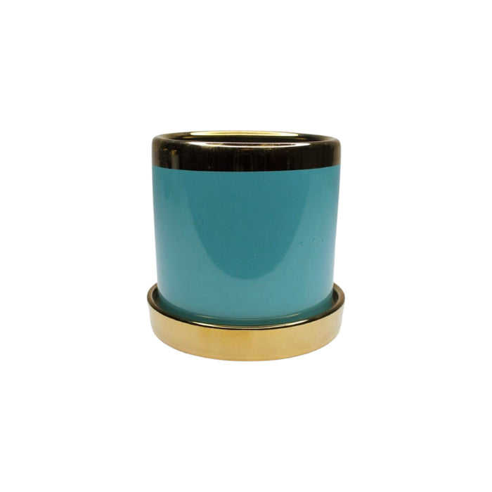 Wonderland blue ceramic flower pot for real plants with golden plate