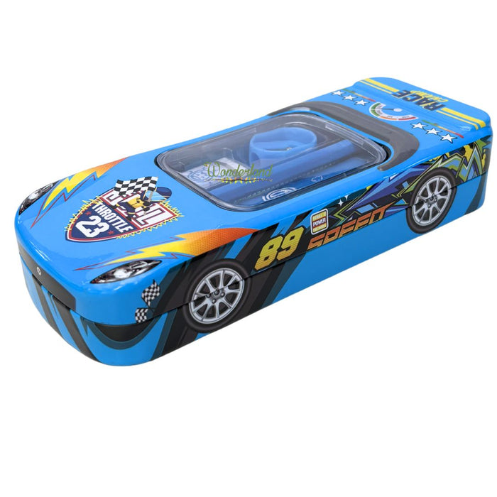 Wonderland 3D Racing Car Metal Pencil Box for Kids – Multi-Layer Tin Stationery Organizer with Built-in Sharpener, Pencil, Scale, Eraser & Transparent Window-BlueColour 8x3.5x1.7inch