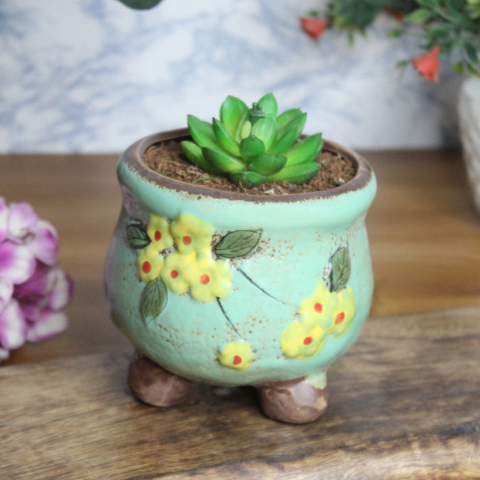 Wonderland 9 inch height blue with yellow flowers  ceramic pots for real plants