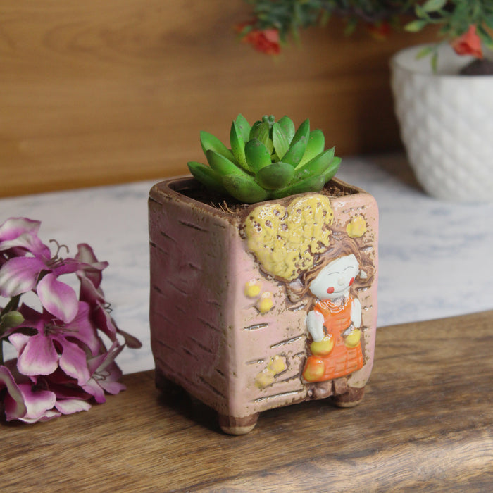 Wonderland Ceramic brown pot with girl | can grow plants directly