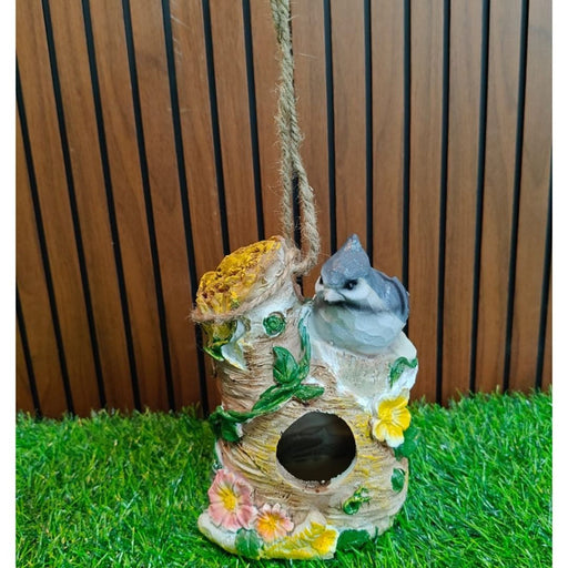 Decorative hanging birdhouse ceramic resin, Garden balcony decor showpiece small bird floral design, Rustic tree trunk bird nest box with jute rope, Hand painted cute bird feeder statue outdoor indoor