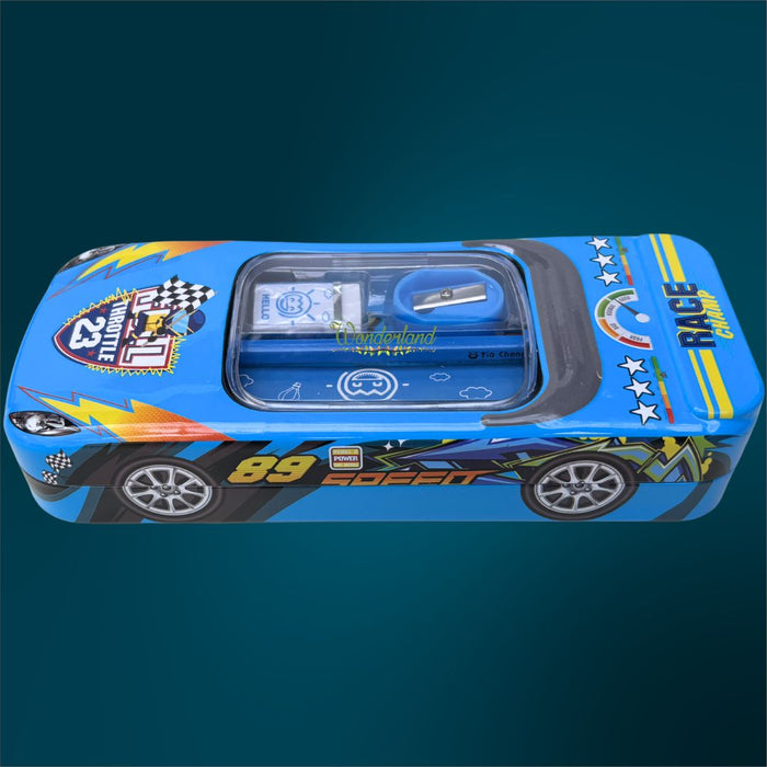 Wonderland 3D Racing Car Metal Pencil Box for Kids – Multi-Layer Tin Stationery Organizer with Built-in Sharpener, Pencil, Scale, Eraser & Transparent Window-BlueColour 8x3.5x1.7inch