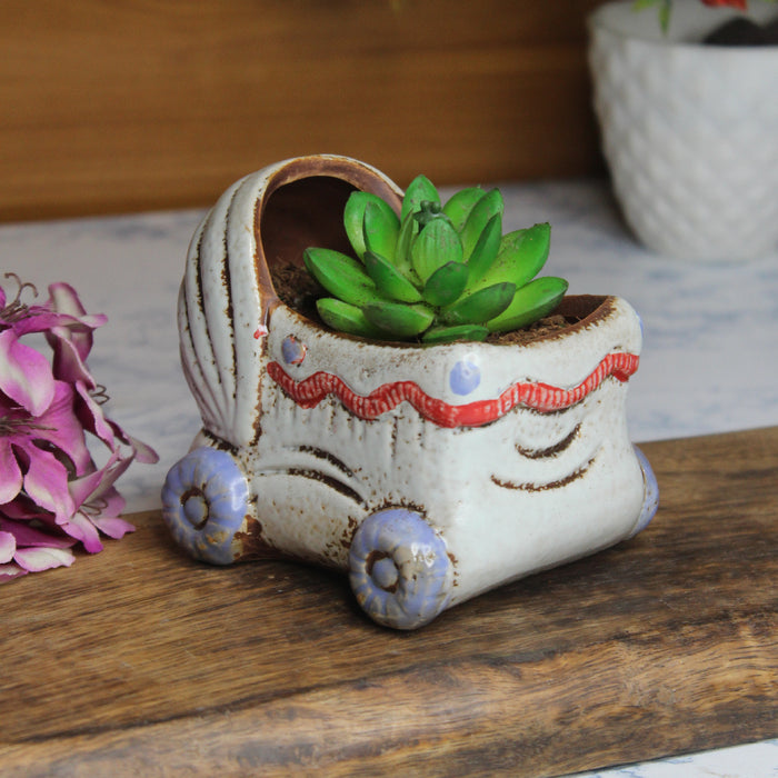 Wonderland imported ceramic pram shape planter | Style 1| can grow plants directly