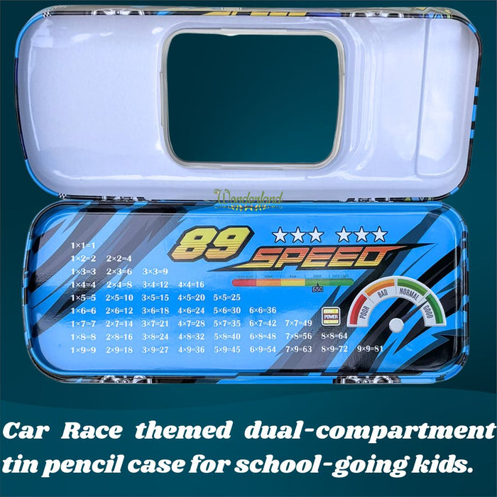 Wonderland 3D Racing Car Metal Pencil Box for Kids – Multi-Layer Tin Stationery Organizer with Built-in Sharpener, Pencil, Scale, Eraser & Transparent Window-BlueColour 8x3.5x1.7inch