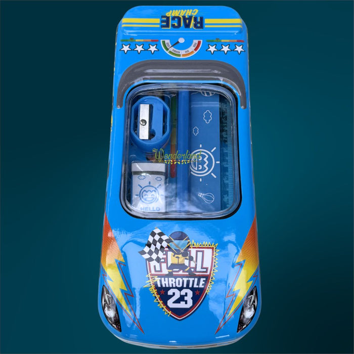 Wonderland 3D Racing Car Metal Pencil Box for Kids – Multi-Layer Tin Stationery Organizer with Built-in Sharpener, Pencil, Scale, Eraser & Transparent Window-BlueColour 8x3.5x1.7inch
