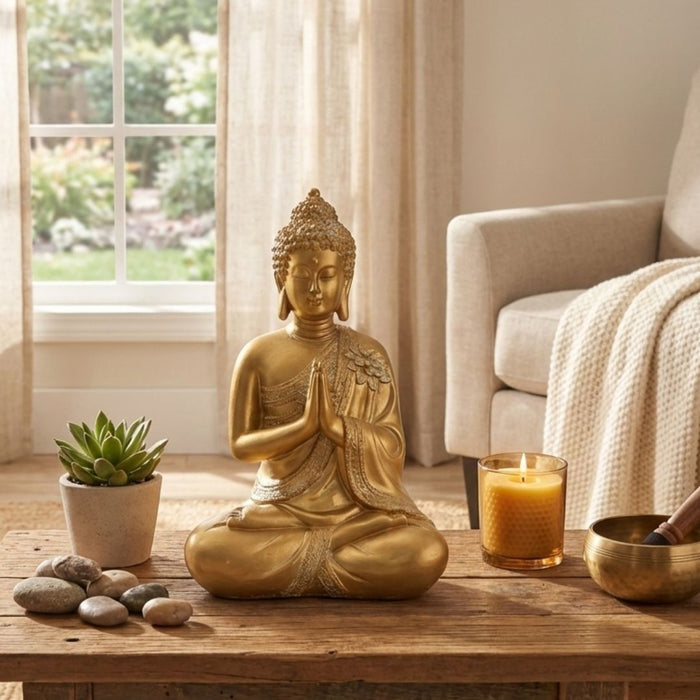 Wonderland Premium Golden Buddha Statue for Home Decor and Gifting | Decorative Showpiece for Living Room, Office, and Puja Room | Elegant Meditating Idol (Gold Finish)