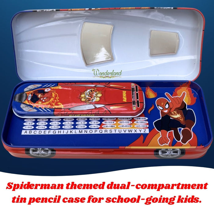 Wonderland Premium Car-Shaped Metal Pencil Box for Kids – Multi-Layer Stationery Organizer with Moving Wheels Orange Colour- 8x3.3x2inch