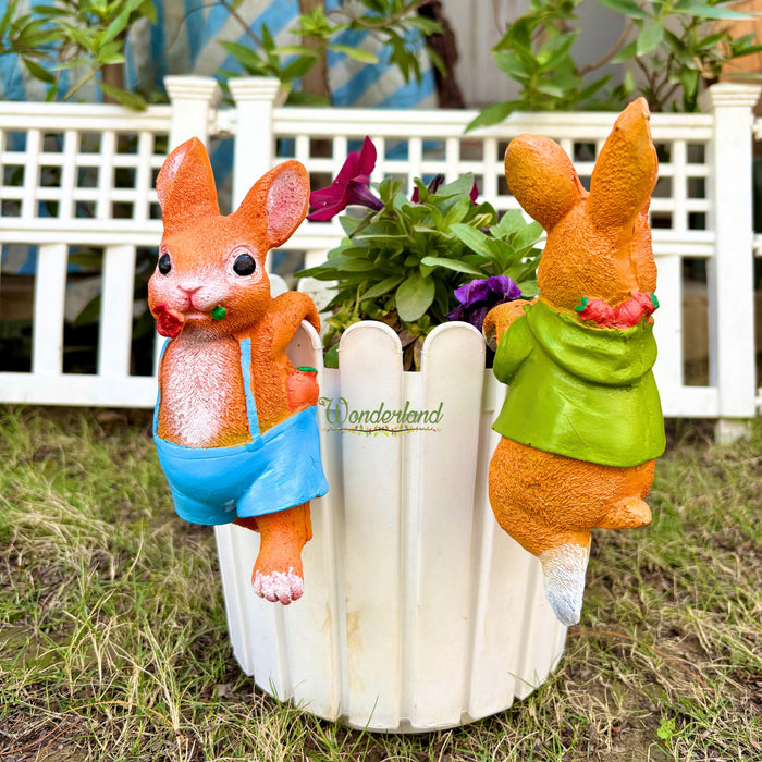Wonderland Whimsical Climbing Bunny Garden Pot Hangers - Set of 2 Hand-Painted Resin Rabbit Ornaments for Planters and Flower Pots
