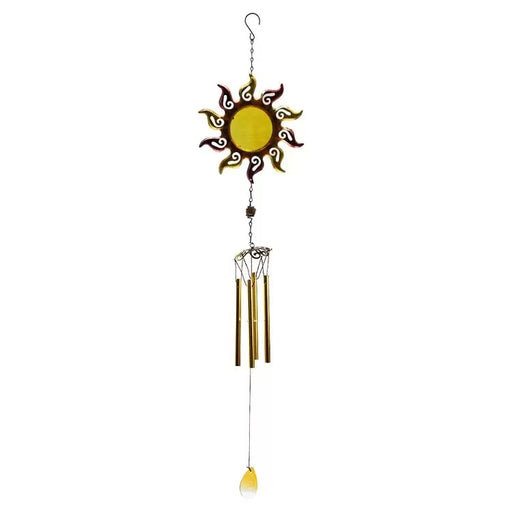 Metal sun wind chime with a yellow and brown/bronze celestial design and four deep bronze tubes.