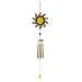 Metal sun wind chime with a yellow and brown/bronze celestial design and four deep bronze tubes.