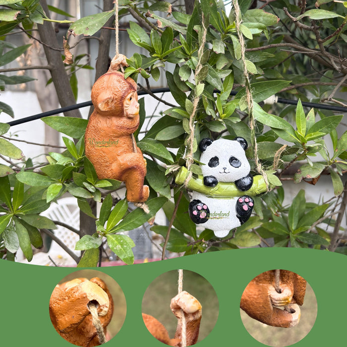 Hanging Garden Statue Set – Panda on Swing & Hanging Monkey Figurines – 2-Piece Whimsical Animal Decor with Leafy Vine Ropes for Outdoor Trees, Patio, or Nursery
