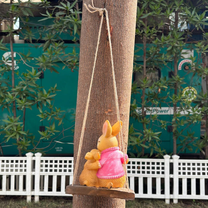 Wonderland Whimsical Hanging Rabbit and Mouse Garden Statue – Hand-Painted Resin Bunny Figurine on Decorative Wood-Style Swing for Home, Patio, or Nursery Decor