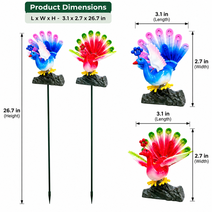 Peacock Garden Sticks (Set of 2) – Purple & Pink Spring-Mount Bird Stakes for Flower Pots & Garden Borders