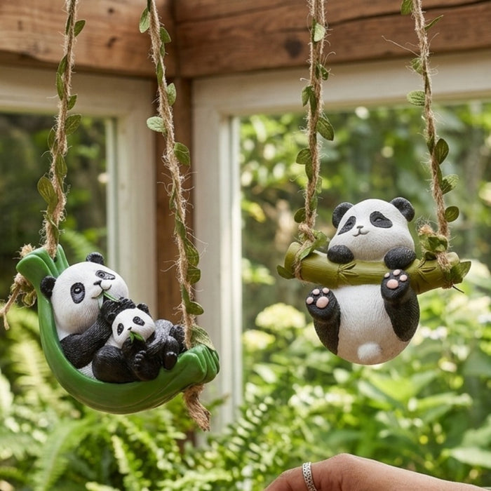 Wonderland Set of 2 Hanging Panda Garden Statues – Cute Mother & Baby Panda on Swing and Panda on Bamboo – Weather-Resistant Resin Outdoor Decor & Indoor Planter Accents