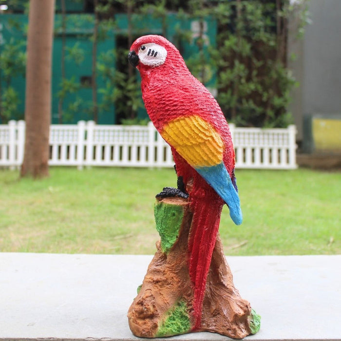 Scarlet Parrot statue,red yellow blue parrot figurine, tropical bird garden decor, resin outdoor sculpture, lifelike macaw on perch,vibrant patio accent