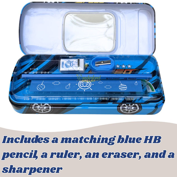 Wonderland 3D Racing Car Metal Pencil Box for Kids – Multi-Layer Tin Stationery Organizer with Built-in Sharpener, Pencil, Scale, Eraser & Transparent Window-BlueColour 8x3.5x1.7inch