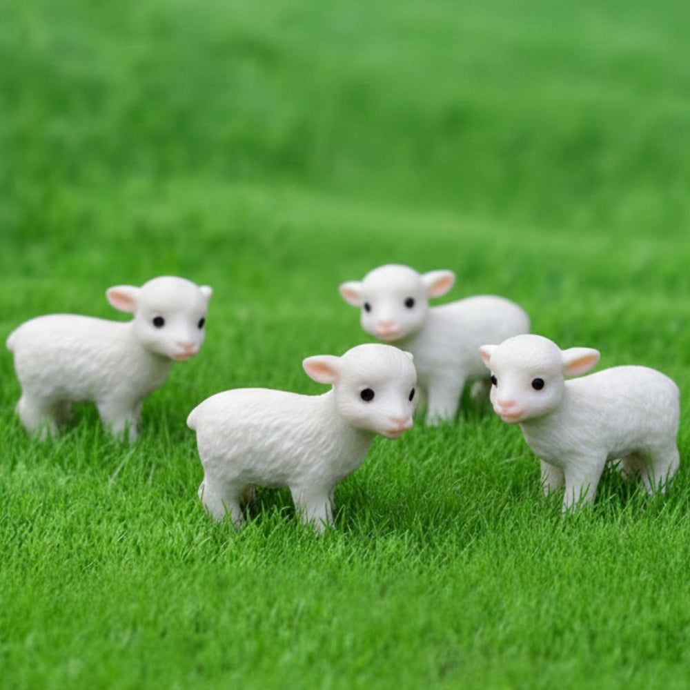 Wonderland Set of 4 Miniature White Sheep Figurines – Tiny Lamb Sculptures for Micro Landscape Decor, Fairy Gardens, and DIY Craft Projects