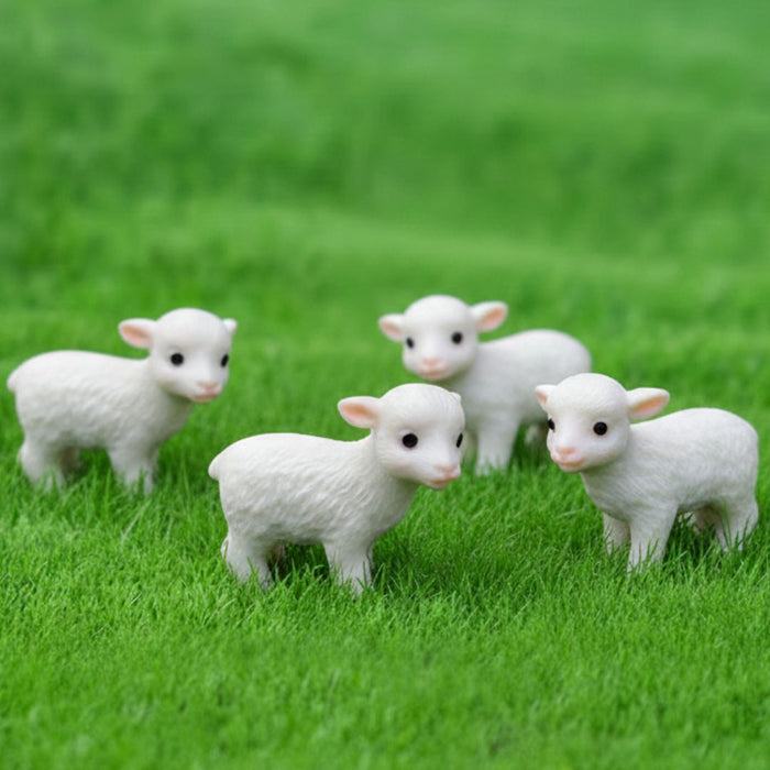Wonderland Set of 4 Miniature White Sheep Figurines – Tiny Lamb Sculptures for Micro Landscape Decor, Fairy Gardens, and DIY Craft Projects