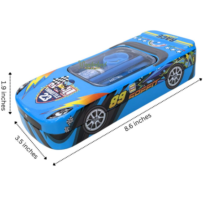 Wonderland 3D Racing Car Metal Pencil Box for Kids – Multi-Layer Tin Stationery Organizer with Built-in Sharpener, Pencil, Scale, Eraser & Transparent Window-BlueColour 8x3.5x1.7inch
