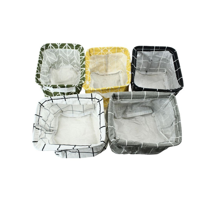 Five foldable square storage baskets in various patterns: green leaf, yellow check, black check, white check, and gray check.