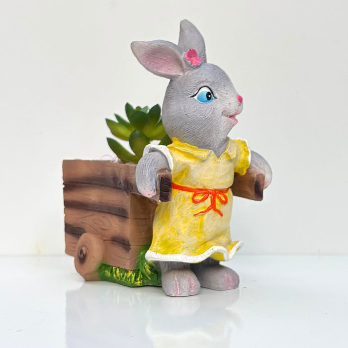 Wonderland Whimsical Bunny Rabbit Garden Planter – Decorative Succulent Pot with Wooden Cart Design – Hand-Painted Resin Flower Pot for Indoor/Outdoor Home Decor