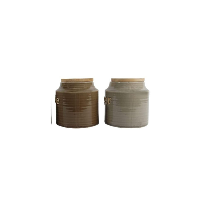 Imported Ceramic Sugar and Coffee Container with Rubber Tight Wooden Lid (Set of 2)