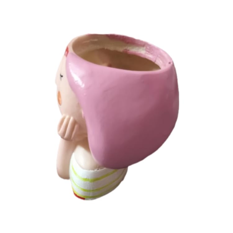 3.8 inch Whimsical Pink Hair Girl Face Planter – Cute Resin Head Pot for Succulents