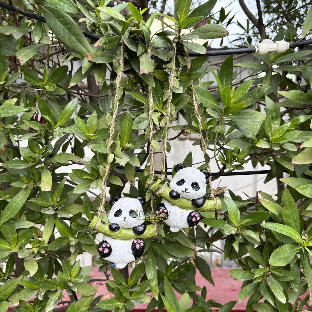 Set of 2 Adorable Mini Hanging Panda Figurines – Hand-Painted Resin Panda on Bamboo Swing
