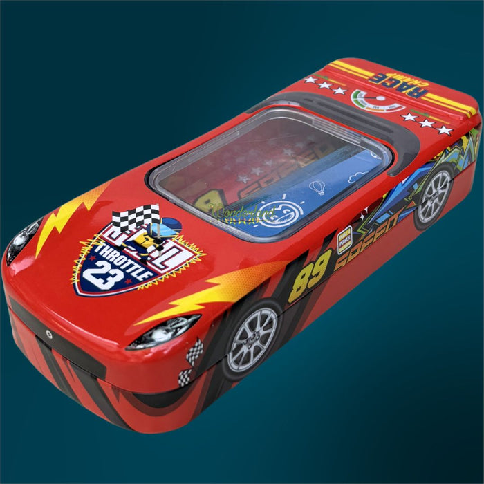 Wonderland 3D Racing Car Metal Pencil Box for Kids – Multi-Layer Tin Stationery Organizer with Built-in Sharpener, Pencil, Scale, Eraser & Transparent Window-Orange Colour 8x3.5x1.7inch
