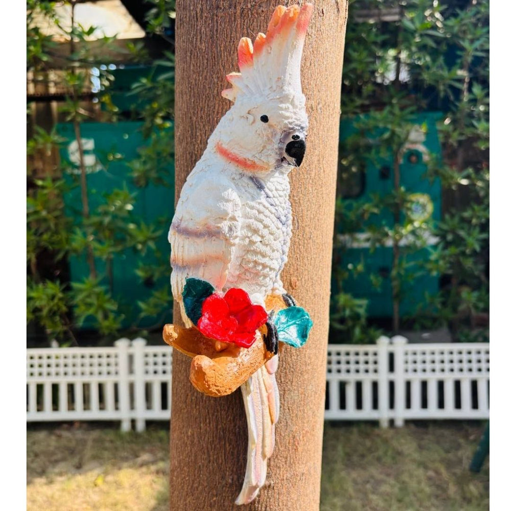 White Parrot Garden Statue on Perch with Rose Accent