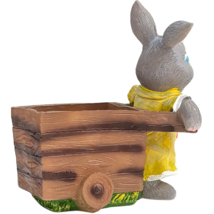 Wonderland Whimsical Bunny Rabbit Garden Planter – Decorative Succulent Pot with Wooden Cart Design – Hand-Painted Resin Flower Pot for Indoor/Outdoor Home Decor