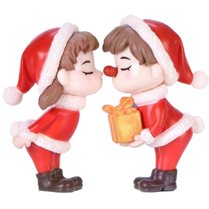 Wonderland Christmas Couple Miniature Figurine Set - Cute Boy and Girl in Santa Outfits with Gift - Holiday Resin Decor for DIY Terrarium, Dollhouse, Christmas décor