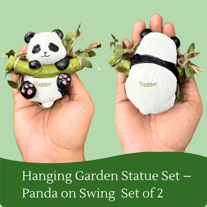 Set of 2 Adorable Hanging Panda Figurines – Hand-Painted Resin Panda on Bamboo Swing with Decorative Vine Ropes – Whimsical Home, Garden, & Nursery Wall Decor