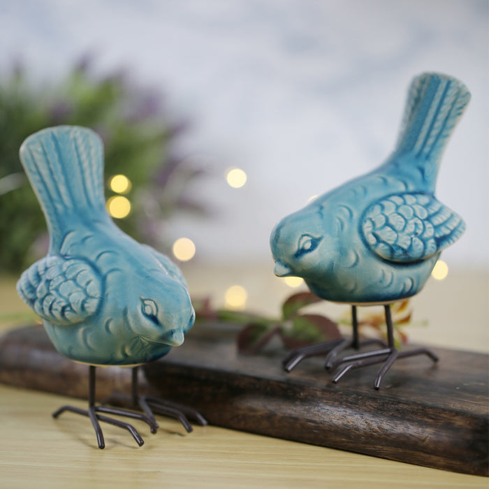 Wonderland Imported Off Sea green Ceramic Bird with legs (Set of 2)