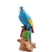 blue gold parrot garden statue, realistic resin parrot sculpture outdoor, tropical bird figurine tree stump, patio lawn decor exotic animal