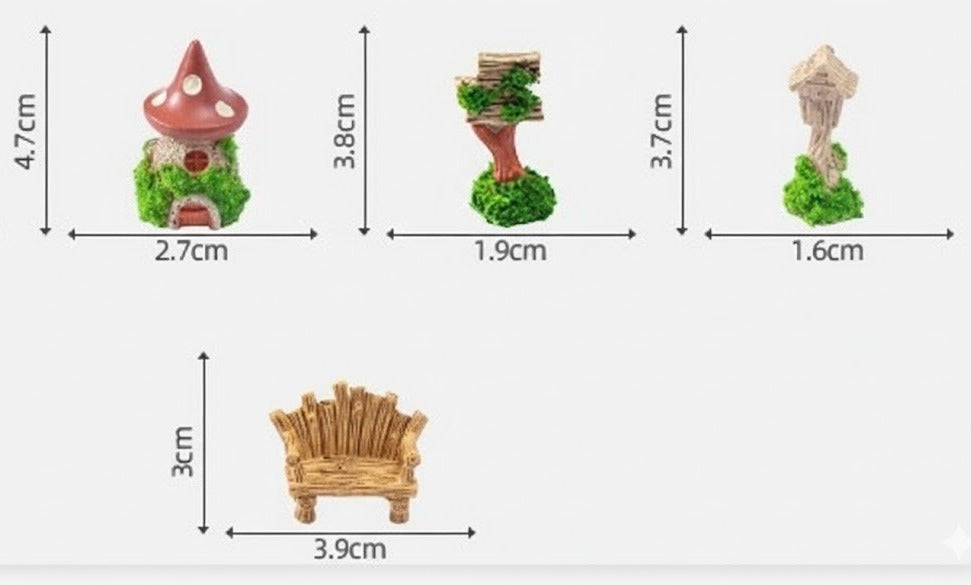 Wonderland set of 4 Miniature Fairy Garden Accessories Kit | Whimsical Wood-Look Resin Figurines (4 Pcs)