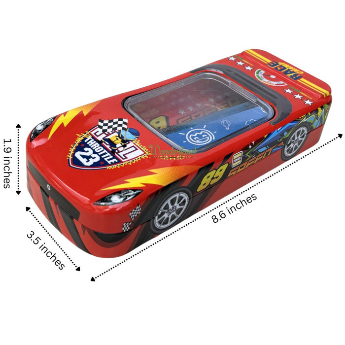 Wonderland 3D Racing Car Metal Pencil Box for Kids – Multi-Layer Tin Stationery Organizer with Built-in Sharpener, Pencil, Scale, Eraser & Transparent Window-Orange Colour 8x3.5x1.7inch