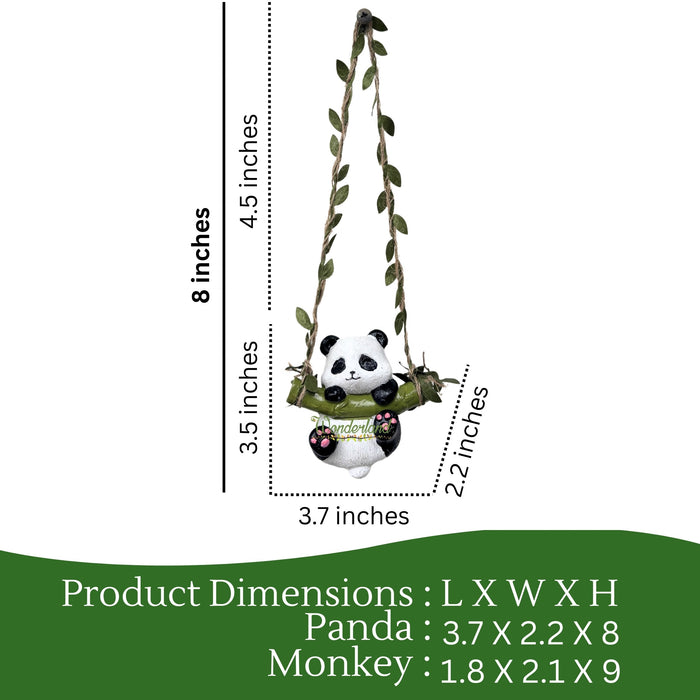 Set of 2 Adorable Hanging Panda Figurines – Hand-Painted Resin Panda on Bamboo Swing with Decorative Vine Ropes – Whimsical Home, Garden, & Nursery Wall Decor