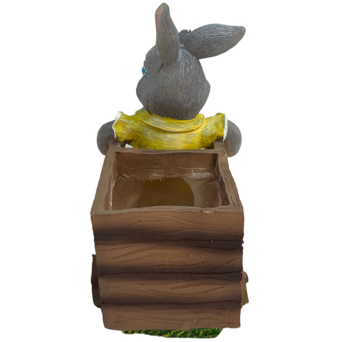 Wonderland Whimsical Bunny Rabbit Garden Planter – Decorative Succulent Pot with Wooden Cart Design – Hand-Painted Resin Flower Pot for Indoor/Outdoor Home Decor