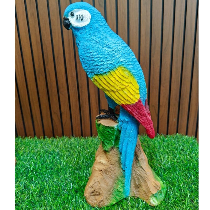 Vibrant Blue and Gold Macaw Parrot Garden Statue | Realistic Tropical Bird Sculpture on Tree Stump | Indoor/Outdoor Resin Decor