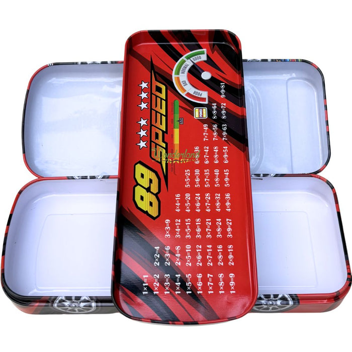 Wonderland 3D Racing Car Metal Pencil Box for Kids – Multi-Layer Tin Stationery Organizer with Built-in Sharpener, Pencil, Scale, Eraser & Transparent Window-Orange Colour 8x3.5x1.7inch