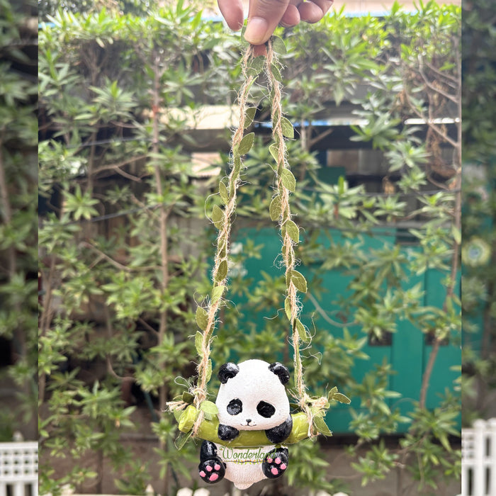 Set of 2 Adorable Hanging Panda Figurines – Hand-Painted Resin Panda on Bamboo Swing with Decorative Vine Ropes – Whimsical Home, Garden, & Nursery Wall Decor