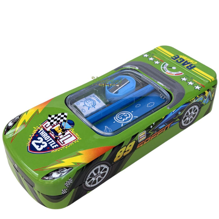 Wonderland 3D Racing Car Metal Pencil Box for Kids – Multi-Layer Tin Stationery Organizer with Built-in Sharpener, Pencil, Scale, Eraser & Transparent Window-Green Colour 8x3.5x1.7inch