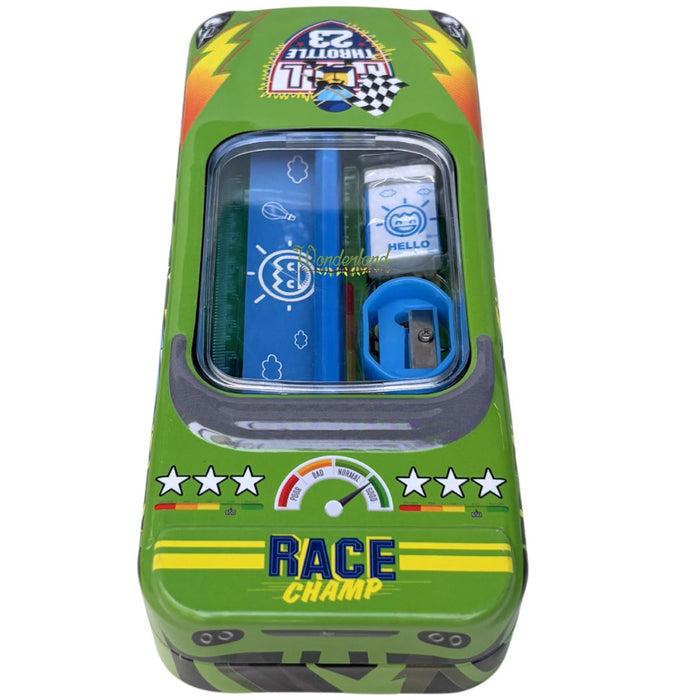Wonderland 3D Racing Car Metal Pencil Box for Kids – Multi-Layer Tin Stationery Organizer with Built-in Sharpener, Pencil, Scale, Eraser & Transparent Window-Green Colour 8x3.5x1.7inch