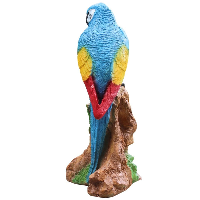 Vibrant Blue and Gold Macaw Parrot Garden Statue | Realistic Tropical Bird Sculpture on Tree Stump | Indoor/Outdoor Resin Decor