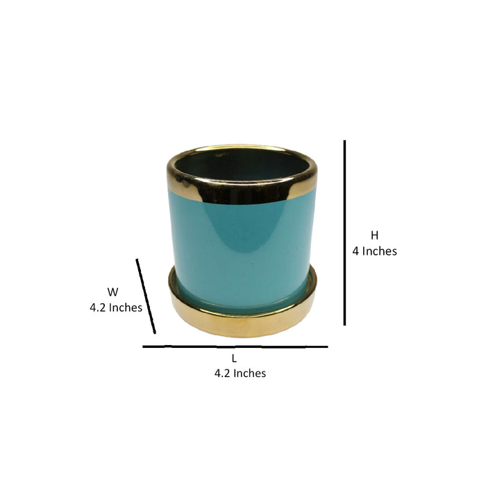 Wonderland blue ceramic flower pot for real plants with golden plate