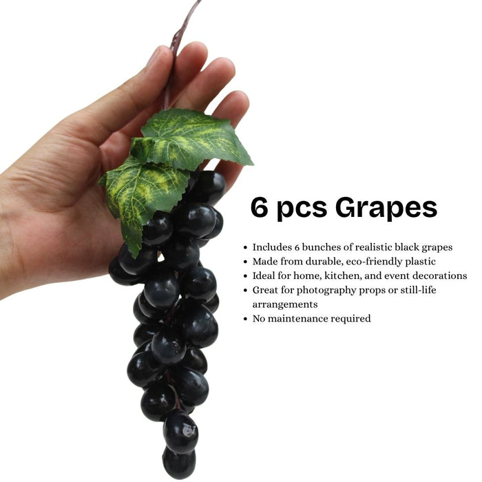 Wonderland set of 6-Artificial  Black  Grapes Bunche, Lifelike Artificial Grapes, Fake Grape Bundle for Vine Decoration, Wine Kitchen Garland Decor, Faux Fruit Props