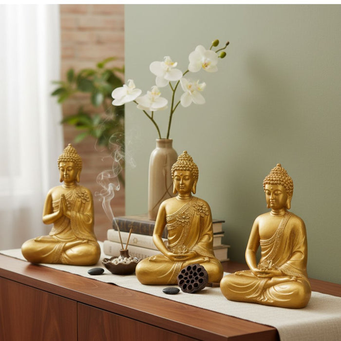 Wonderland Set of 3 Golden Sitting Buddha Statues – Decorative Zen Meditating Figurines for Home Decor, Yoga Studio, and Mindfulness