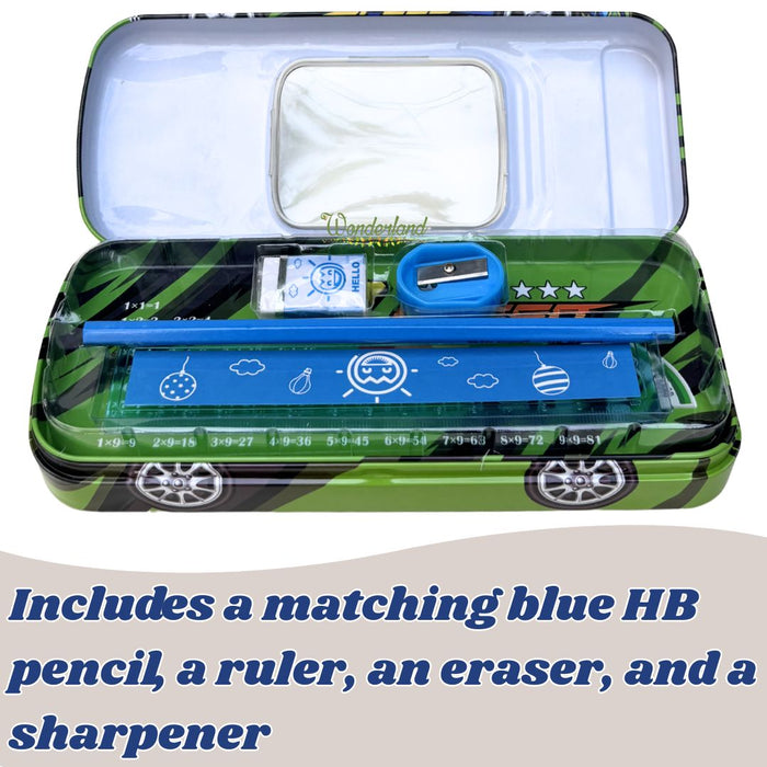 Wonderland 3D Racing Car Metal Pencil Box for Kids – Multi-Layer Tin Stationery Organizer with Built-in Sharpener, Pencil, Scale, Eraser & Transparent Window-Green Colour 8x3.5x1.7inch