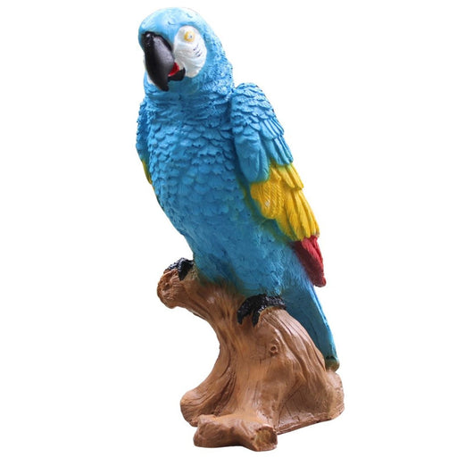 blue macaw statue, resin parrot garden decor, blue and gold macaw figurine, tropical bird sculpture, outdoor patio ornament, lifelike parrot on stump